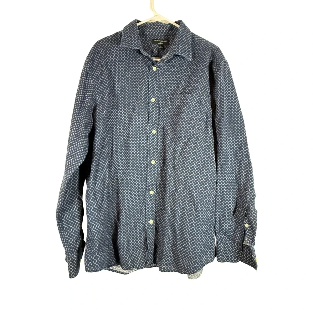 Banana Republic Mens XL Slim Fit Linen Cotton Blue Floral Micro Print Shirt